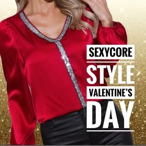 🗽Elegant Red Satin Blouse with Silver Sequins Trim V- Neck puffy Sleeves